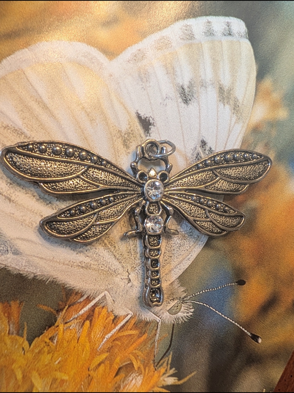 Silver  3 Inch Dragonfly Pendant with Clear Crystals